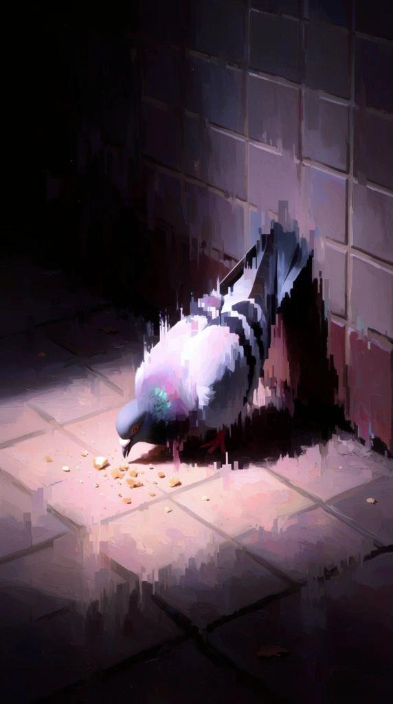 A single pigeon pecks at scattered crumbs on a tiled sidewalk next to a tiled wall, completely enveloped in a surreal fusion of classical oil painting and vertical digital glitch art. The central pigeon leans downward toward the small fragments on the geometric ground, its form heavily fractured by jagged, downward-streaking pixel-sorting artifacts that pull its physical shape into the floor. A dramatic, ethereal pale pink and warm white illumination strikes the center of the composition, highlighting the bird, the structured grout lines of the surrounding tiles, and the scattered food. The rest of the scene falls into severe chiaroscuro, with thick, smeared impasto brushstrokes melting into oppressive, pitch-black, and deep plum shadows encroaching from the margins. The structural geometry of the tiled wall and sidewalk dissolves into stark, melting data-corruption smears, blending the physical environment and the central avian subject into a dark, moody, and deeply fragmented atmospheric void.