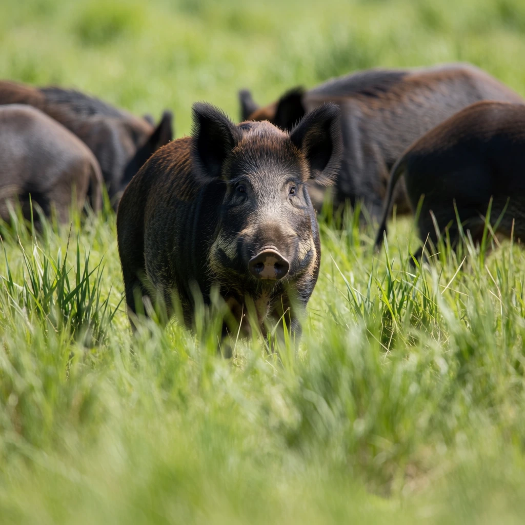 dark brown wild boar in tall vibrant green grass, looking directly forward, sharp focus on snout and perked ears, blurred grass blades in extreme foreground, several dark boar backs partially obscured in the out-of-focus background, shallow depth of field, bright natural daylight, telephoto wildlife photography