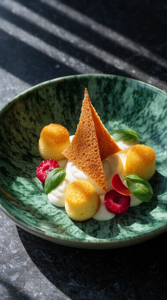 A gourmet dish plated in a mottled green ceramic bowl on a dark stone surface. A textured triangular crisp rests on white cream dollops, surrounded by three golden sponge cakes, red berry halves, green basil, and a red petal. Dramatic directional sunlight creates sharp diagonal shadows.