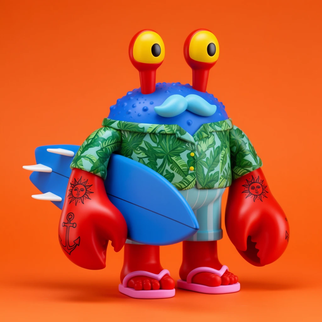 3D anthropomorphic crab designer toy, bulbous yellow eyes on red stalks, textured blue carapace with a light blue mustache shape, oversized red claws featuring black line-art sun and anchor tattoos, green tropical leaf pattern shirt, light blue striped shorts, pink flip-flops, holding a blue surfboard with three white fins, vivid solid orange background, glossy vinyl material, soft studio lighting, sharp focus, vibrant complementary colors