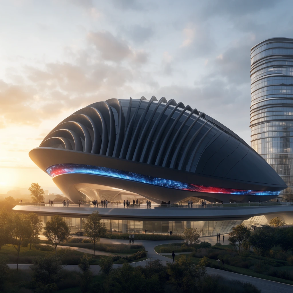 A photorealistic architectural rendering of a futuristic, shell-shaped building at sunset. The massive dark grey curved roof features prominent vertical fins and a glowing blue and red digital band wrapping beneath its overhang. Silhouetted people gather on a wide terrace above ground-level glass facades, landscaped walkways, and trees. A tall glass skyscraper with horizontal bands stands to the right. Soft clouds and warm golden light from the left illuminate the scene, emphasizing the modern, cinematic design and sweeping organic curves.