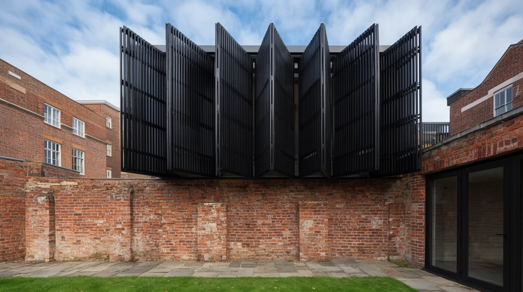Black slatted cantilevered structure overhanging a weathered red brick courtyard wall, stone pavers, grass lawn, glass doors, brick buildings against cloudy blue sky, low angle architectural photography