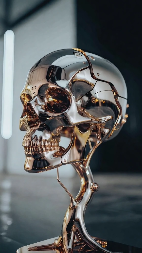 ultra-polished chrome tree integrated with intricate copper wires and sleek mechanical plates forming a silhouette of a human skull, mirror-like reflective surfaces, liquid metal aesthetic, high-contrast studio lighting, sharp specular highlights, deep shadows, cinematic atmosphere, minimalist industrial backdrop, warm metallic gold and cool silver tones, hyper-realistic cgi, flawless surface finish, organic meets cybernetic, sharp focus, soft bokeh background