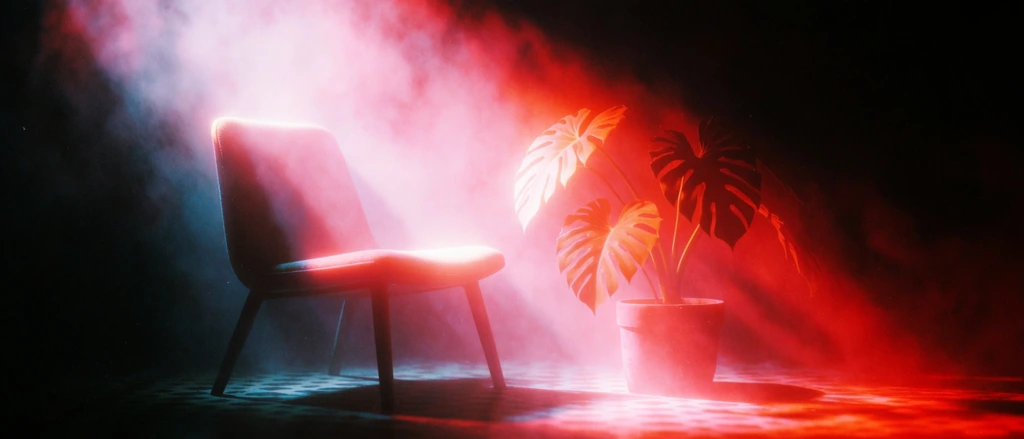 A single armless chair sits on the left side of a patterned floor, angled towards the right, illuminated by a striking, intense beam of hazy, pinkish-white and neon red light. To the right of the chair is a potted plant with three large, deeply lobed leaves catching the highly saturated red glow. The background is a plain surface heavily obscured by deep, crushing black shadows. The scene is rendered in a moody, cinematic high-ISO film photography style characterized by dense volumetric fog and extreme high-contrast chiaroscuro. The vivid, diagonal shaft of diffused light creates pronounced optical scattering and soft halation around the illuminated edges of the chair and the broad leaves of the plant. Heavy analog film grain, slight lens blur, and glowing, overexposed highlights bleeding into the surrounding inky darkness define the atmospheric, nocturnal aesthetic.