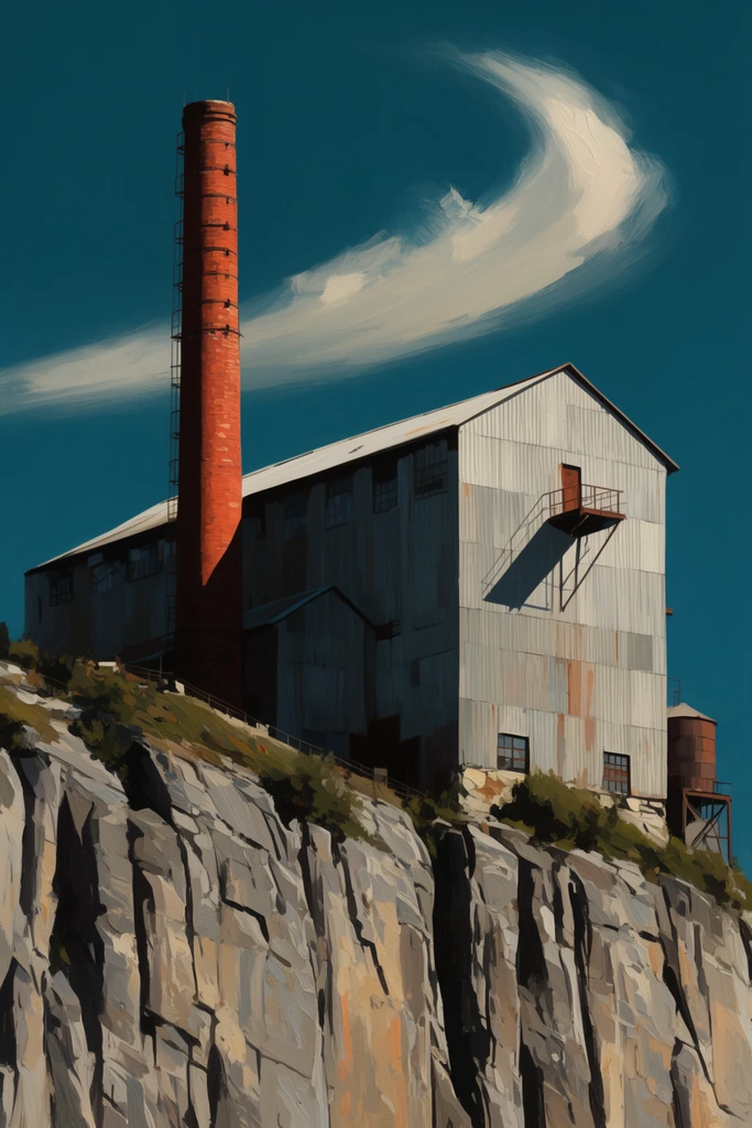 A towering red-brick smokestack and a sprawling corrugated-metal warehouse sit atop a sheer granite cliff. Intense sunlight casts sharp, geometric shadows across the industrial structures, rendered in stark painterly realism with thick brushstrokes against a deep teal sky featuring a sweeping, crescent-shaped cloud.
