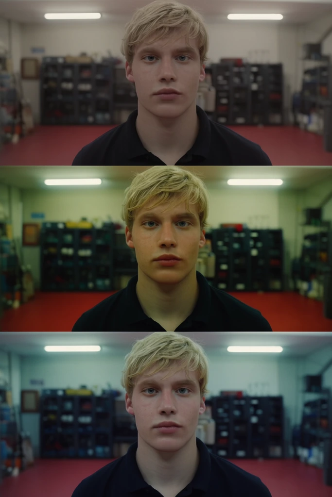 A vertical triptych presents three identical portraits of a young blonde man in a dark polo shirt, showcasing distinct cinematic color grading: a flat muted top panel, a vibrant high-contrast middle, and a balanced cool-toned bottom. He faces forward in a defocused equipment room featuring a red floor, dark storage lockers, and bright fluorescent ceiling lights. The direct frontal camera angle and shallow depth of field emphasize the atmospheric color shifts across the frames.