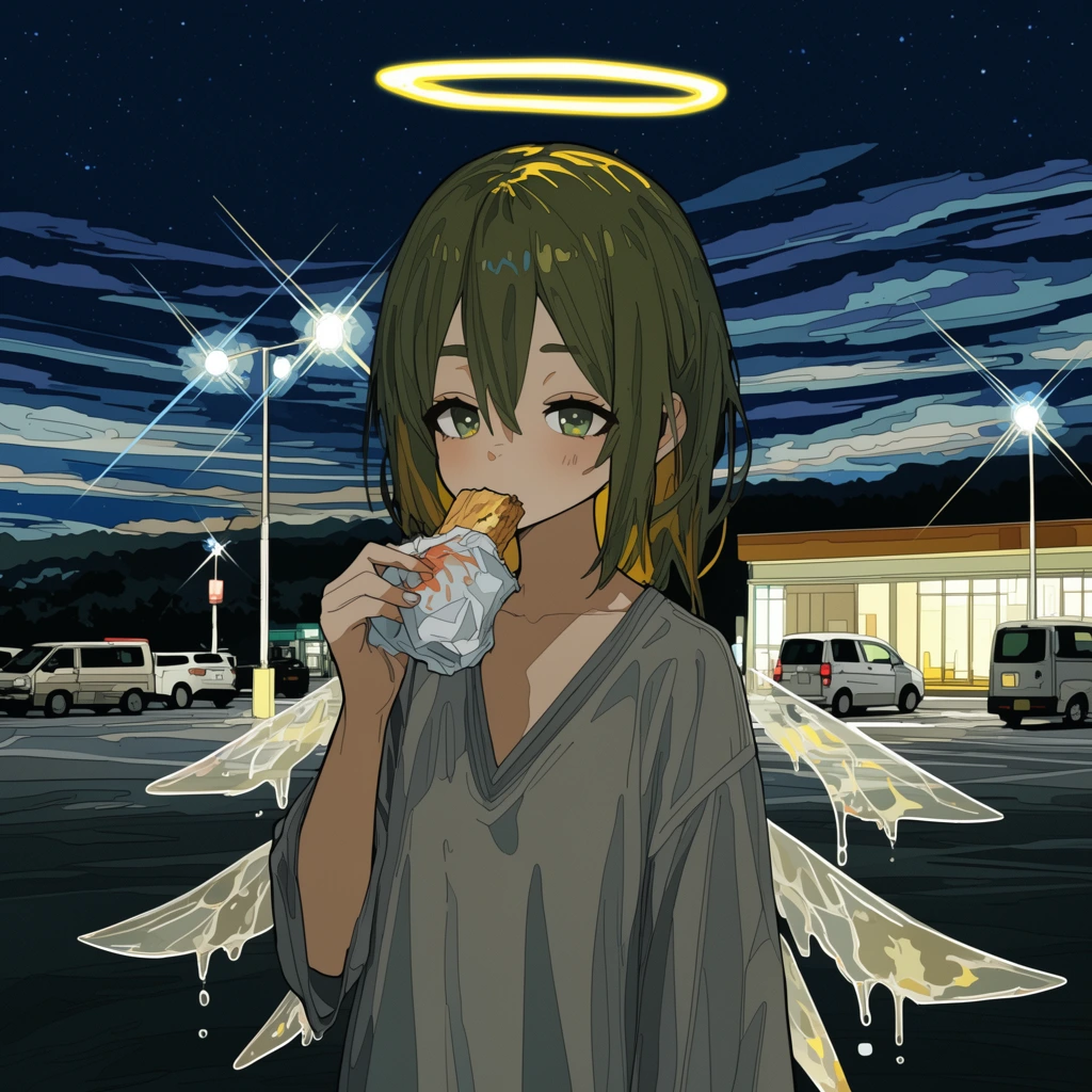 anime-style girl with glowing yellow halo and dripping translucent wings, eating a wrapped snack, oversized grey V-neck, nighttime rest stop parking lot, bright streetlights with cross starburst flares, illuminated building, parked vehicles, starry night sky with stylized horizontal clouds, cel-shaded digital illustration