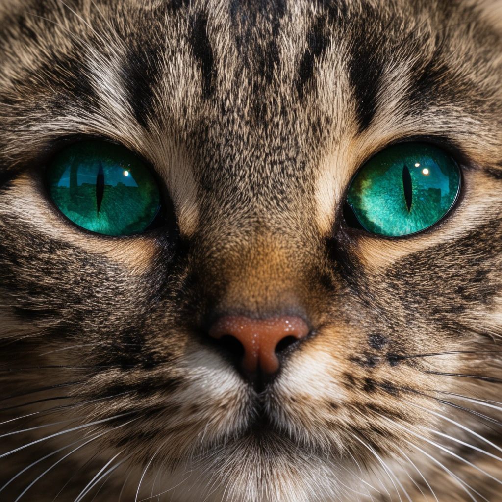 extreme macro close-up of a tabby cat face, vibrant teal green eyes with vertical slit pupils, highly detailed brown and black fur texture, glossy eye reflections, sharp focus, natural lighting