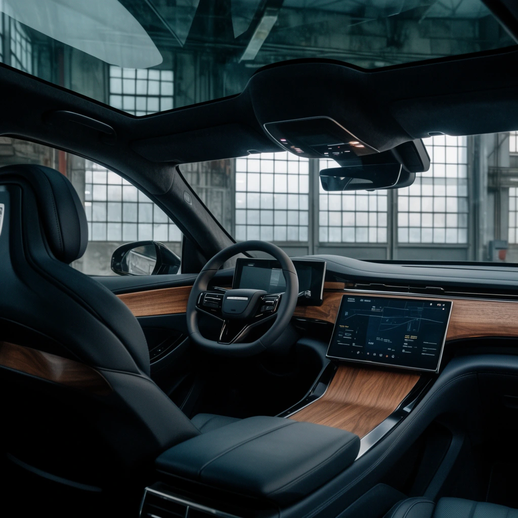 modern luxury vehicle interior, dark leather driver seat, minimalist wood dashboard, thick steering wheel, large central touchscreen, panoramic glass roof, industrial garage setting with large multi-pane glass doors, cool diffused daylight, cinematic automotive photography