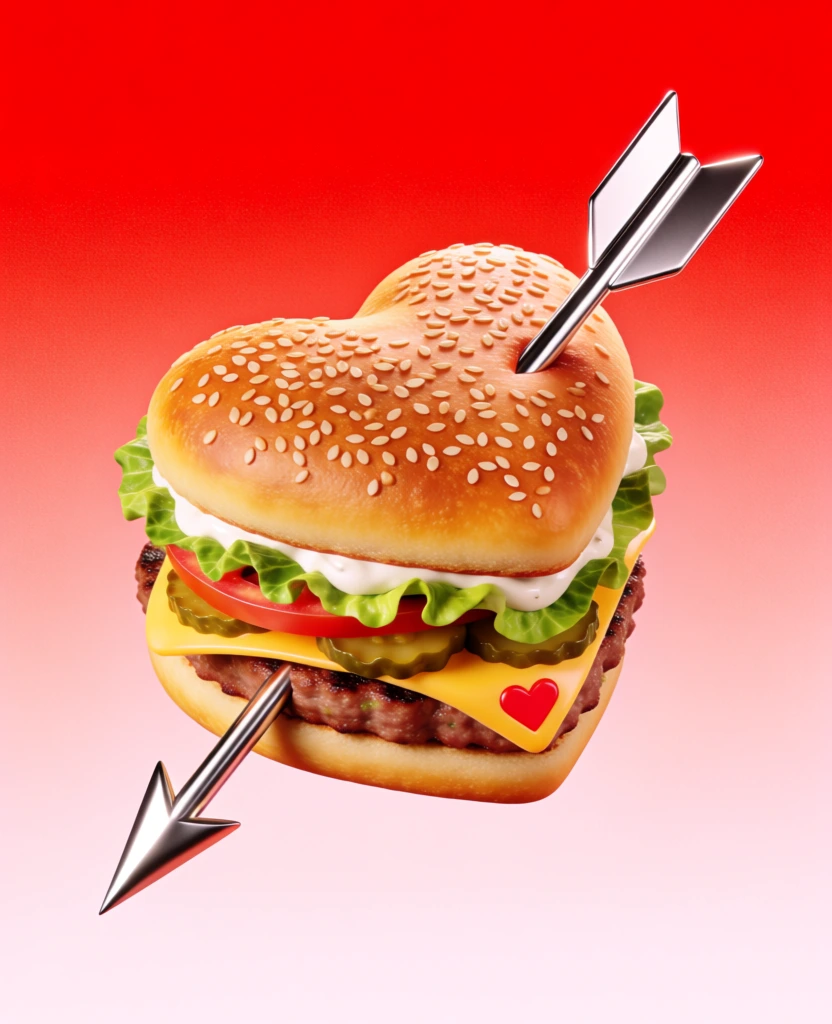 A heart-shaped cheeseburger is pierced diagonally by a metallic silver arrow against a red and white gradient background. The central subject is a thick burger constructed with heart-shaped buns, where the top bun is a golden-brown color and generously sprinkled with white sesame seeds. Beneath the top bun, visible layers include creamy white sauce, ruffled bright green lettuce, a slice of red tomato, several green pickle rounds, a slice of yellow cheese, and a textured, dark brown grilled meat patty. A small, red, stylized heart symbol is positioned on the corner of the yellow cheese slice that hangs over the edge of the patty. The sleek, chrome-finished arrow enters the burger from the top right, where its sharp, angular metallic fletching is visible, and exits through the bottom left, revealing a pointed, triangular arrowhead. The entire burger floats in the center of the frame against a backdrop that transitions from a saturated, grainy red at the top to a soft, pale pink at the bottom. The lighting is bright and even, casting soft shadows between the food layers while creating high-contrast, reflective glints on the metallic surfaces of the arrow. The composition is a clean, centered digital rendering with a sharp focus and a vibrant, pop-art-inspired color palette.