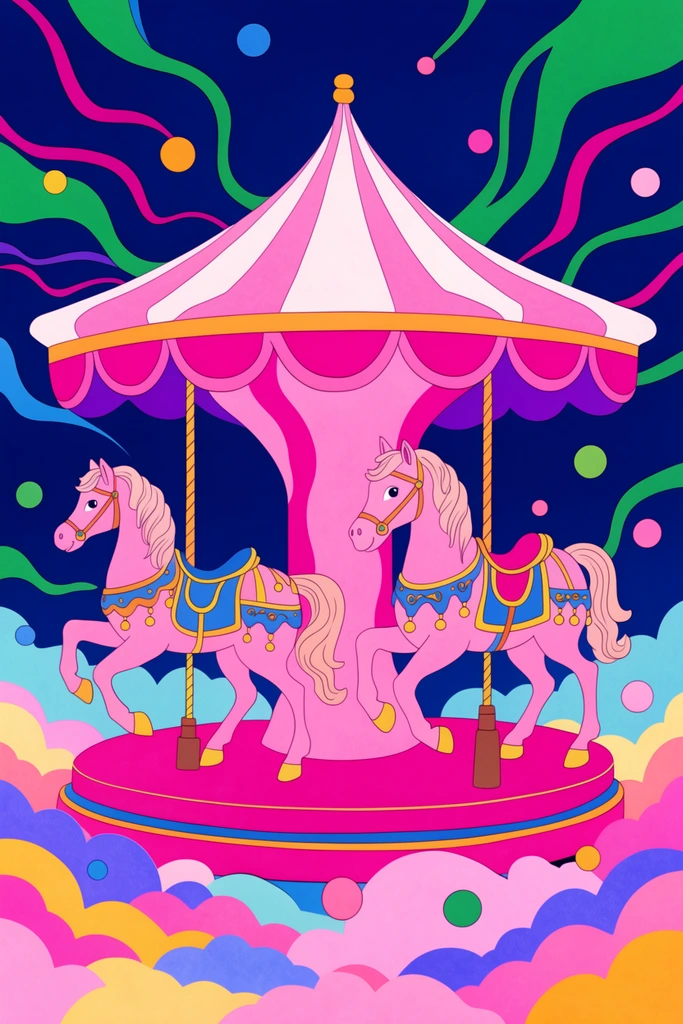 psychedelic neon carousel in stylized clouds, two ornate pink horses with blue and gold saddles, pink and white striped canopy with scalloped magenta trim, dark blue background with swirling green and magenta tendrils, floating colorful orbs, vibrant pop art illustration, flat graphic shapes, subtle stippled texture, surreal dreamscape