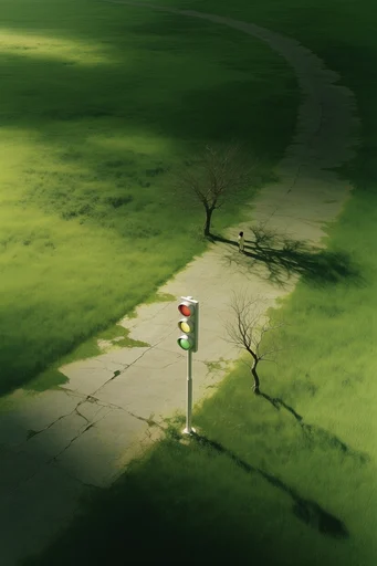 Monochromatic Verdant Surrealism style reference image — bird's-eye view