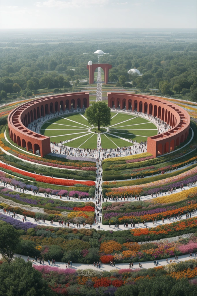 aerial perspective of a monumental circular landscape design, sweeping concentric terraces of vividly colored vegetation, massive curved red brick colonnade enclosing a geometric park, white spoke-like walkways across a central green lawn, single prominent tree at the epicenter, thousands of tiny human figures walking on the paths, distant archway and white dome, expansive hazy green forests stretching to a flat horizon, bright daylight, photorealistic utopian architectural rendering