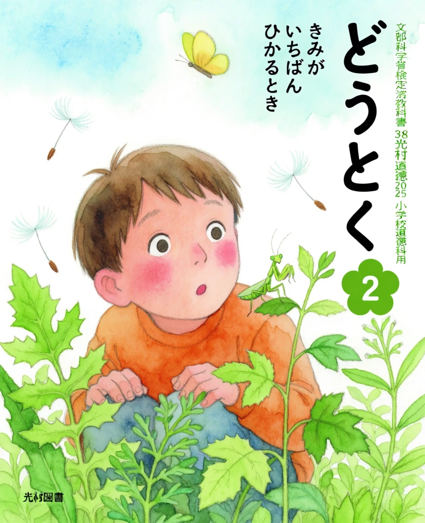 A watercolor illustration depicts a young boy with short brown hair and rosy cheeks crouching amidst lush green foliage, looking upward with a wide-eyed, surprised expression and a slightly open mouth. He wears an orange long-sleeved shirt and is positioned behind several leafy plants with varying shapes, including some with jagged edges and others with rounded lobes. A small green praying mantis is perched on a thin plant stem near the boy's right shoulder, while three delicate white dandelion seeds drift through the air around him. A single yellow butterfly flutters near the top center of the composition against a soft, light blue sky that fades into white. Large, vertical black Japanese characters reading "どうとく" are positioned on the right side of the image, next to a green flower-shaped icon containing the white number "2". To the left of the large characters, smaller vertical text reads "きみが いちばん ひかるとき". To the right of the large characters, a thin line of vertical text says "文部科学省検定済教科書 38光村 道徳205 小学校道徳科用". In the bottom left corner, the characters "光村図書" appear in black. The artistic style is characterized by soft watercolor washes, gentle linework, and a bright, airy color palette consisting primarily of greens, oranges, and pale blues. The perspective is a low-angle close-up, focusing on the boy's interaction with the natural elements around him.