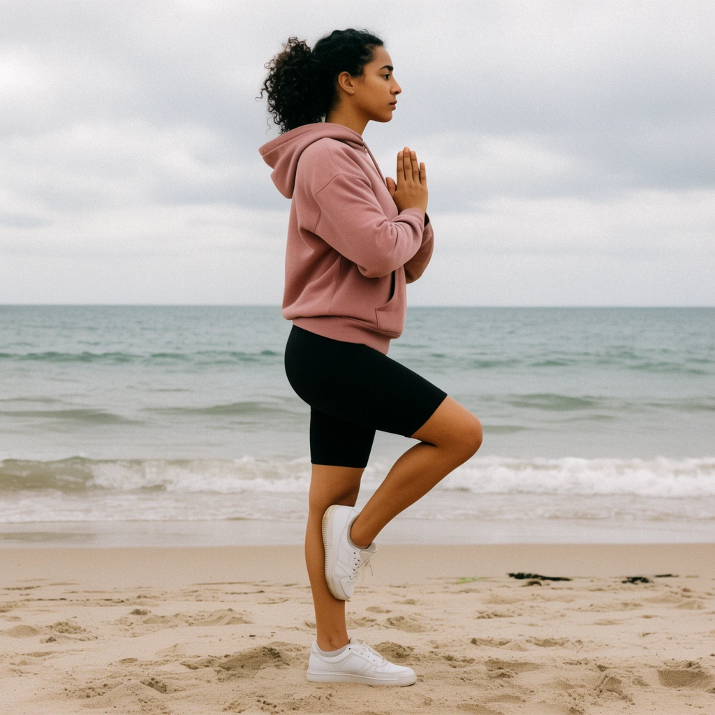 young woman performing a standing figure-four yoga pose on a sandy beach, side profile facing right, hands pressed together in a prayer position, wearing a dusty pink hoodie, black mid-thigh athletic shorts, white sneakers, dark curly hair tied back, calm ocean midground, overcast grayish sky, muted natural daylight, soft film grain texture, tranquil coastal atmosphere, full body shot, earthy pastel color palette