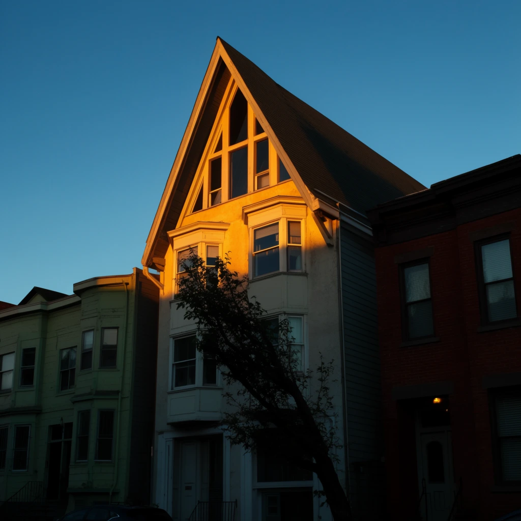tall narrow house with steep asymmetrical A-frame roof, intense golden hour sunlight on upper facade, deep cool shadows obscuring street level, flanked by pale green and red brick buildings, multi-pane bay windows, dark leaning tree silhouette in foreground, clear gradient blue sky, high contrast urban architectural photography, low angle perspective