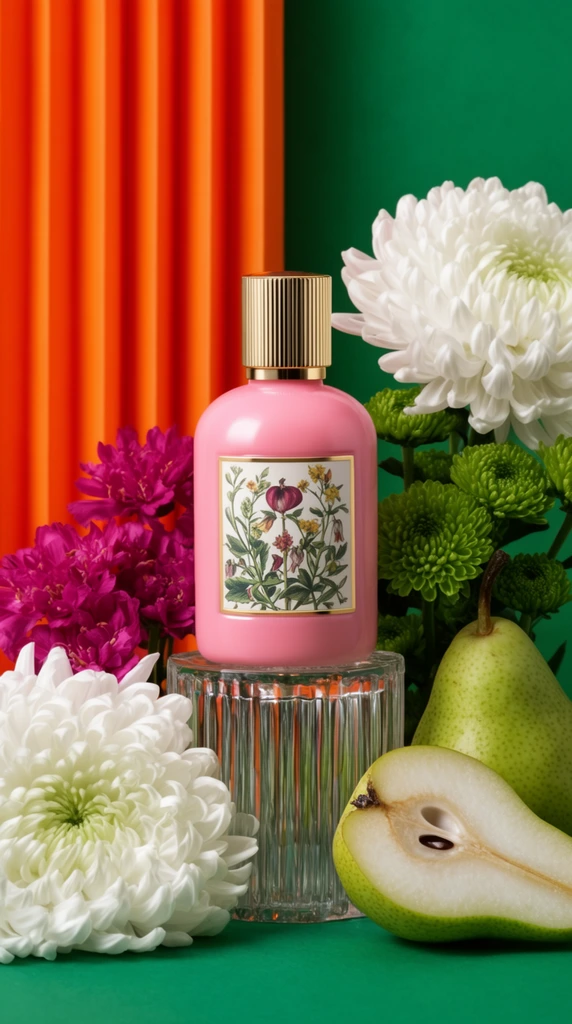 A vibrant product photograph featuring an opaque pink perfume bottle with a ribbed gold cap and a botanical illustration label, elevated on a clear ribbed glass pedestal. The bottle is surrounded by large white chrysanthemums, magenta blooms, green button mums, a whole green pear, and a halved pear exposing its core. Set on an emerald green surface, the scene is backed by a striking color-blocked background split between vertically pleated bright orange panels on the left and a smooth emerald green wall on the right. Crisp studio lighting emphasizes the bold complementary colors and rich organic textures.
