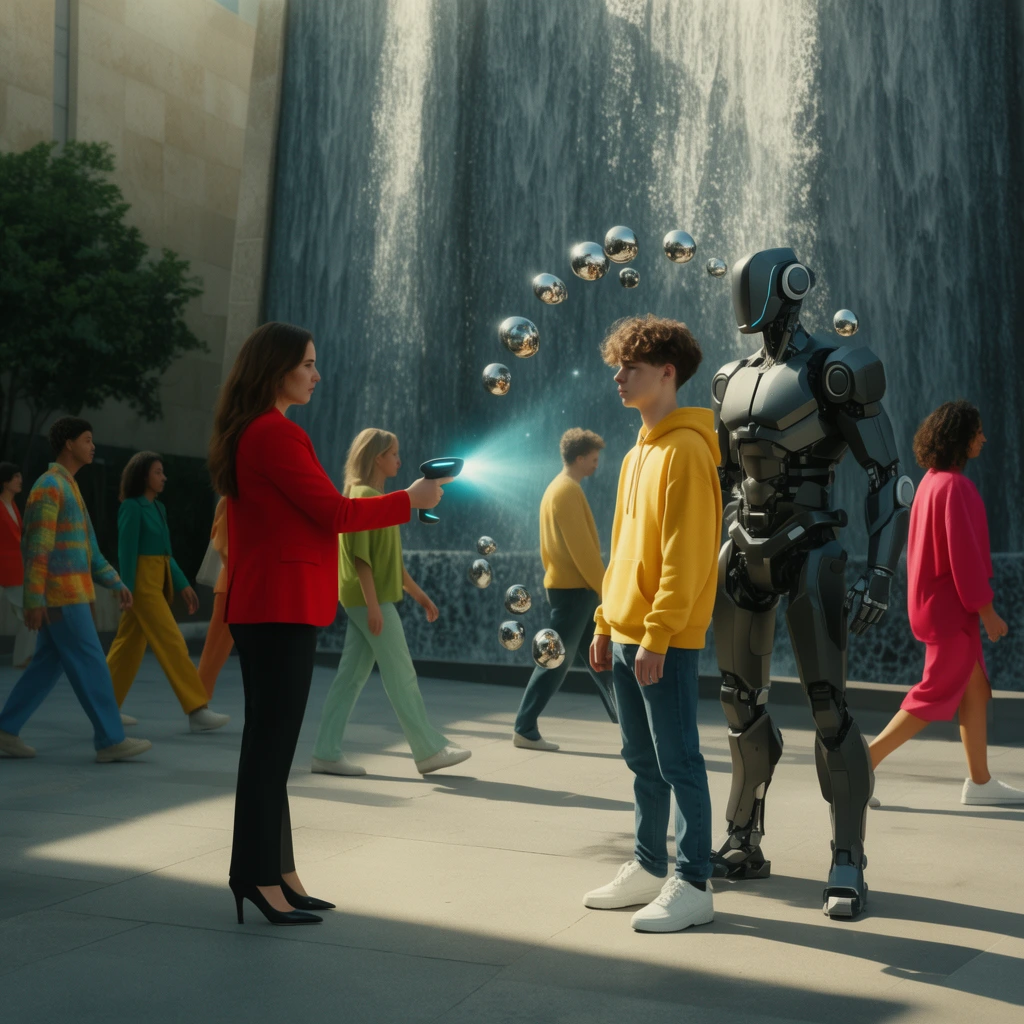 woman in red blazer pointing glowing scanner at teenager in yellow hoodie, tall robotic bodyguard behind him, floating metallic spheres frozen mid-air, pedestrians in colorful clothing paused mid-stride in sunlit courtyard, cascading water wall, sharp cinematic lighting, freeze-frame effect