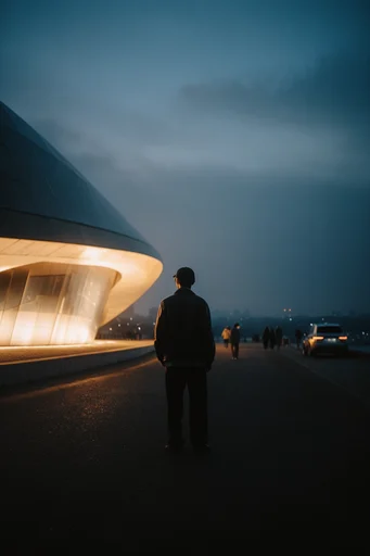 Cinematic Nocturnal Solitude style reference image — brutalist surrealism