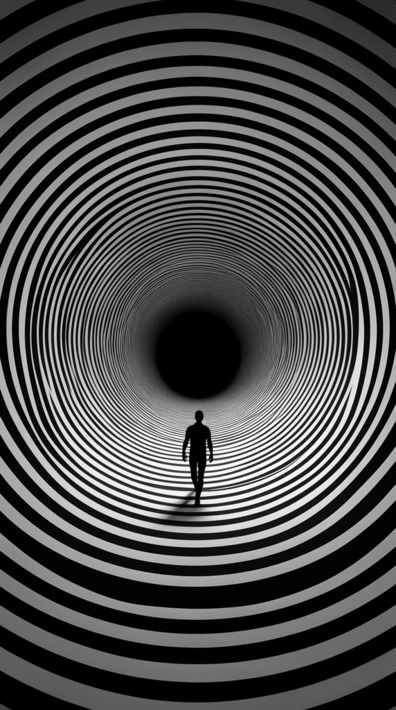 tiny black human silhouette walking inside a massive hypnotic optical illusion tunnel, concentric alternating black and light grey circular stripes radiating outward, deep 3D perspective, vanishing point ending in a solid black void, monochromatic op-art style, surreal depth, high contrast minimalist composition