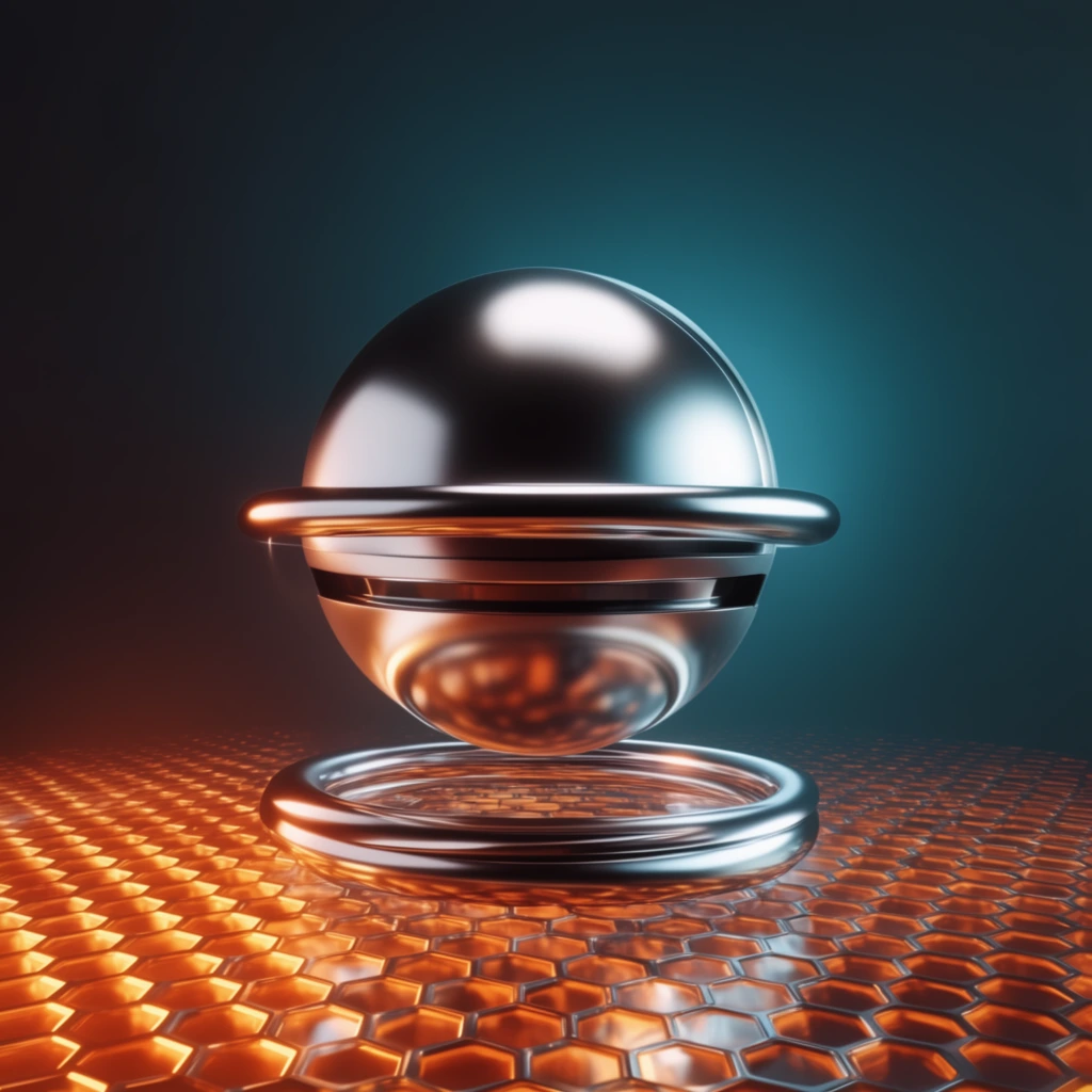 sleek silver hover-sphere, floating metallic rings, glowing amber hexagonal grid surface, dramatic teal and orange studio lighting, 3d render, high gloss