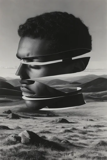 Fragmented Monochrome Surrealism style reference image — geometric fragmentation