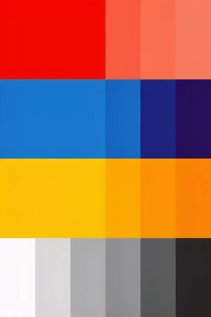 stacked horizontal color palette, flat geometric rectangular color blocks, top band of vibrant red and light coral, second band of bright azure and deep indigo, third band of bright yellow transitioning to warm orange, bottom grayscale sequence progressing from white through neutral grays to dark charcoal, solid uniform color fields, stark straight edges, high contrast, clean minimalist vector aesthetic