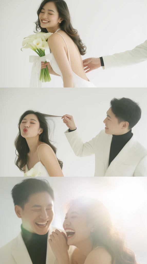 A vertical triptych of romantic, high-key portraits featuring an Asian couple in a brightly lit white studio. The top panel shows a woman in a backless white dress smiling with closed eyes, holding a bouquet of white calla lilies together with a man's arm extending into the frame. In the middle panel, a man in a white suit and black turtleneck playfully pulls a strand of her hair while she puckers her lips. The bottom scene captures the couple laughing radiantly amidst a strong, overexposed sun flare. Soft focus and a pale color palette create a dreamy, intimate editorial style.