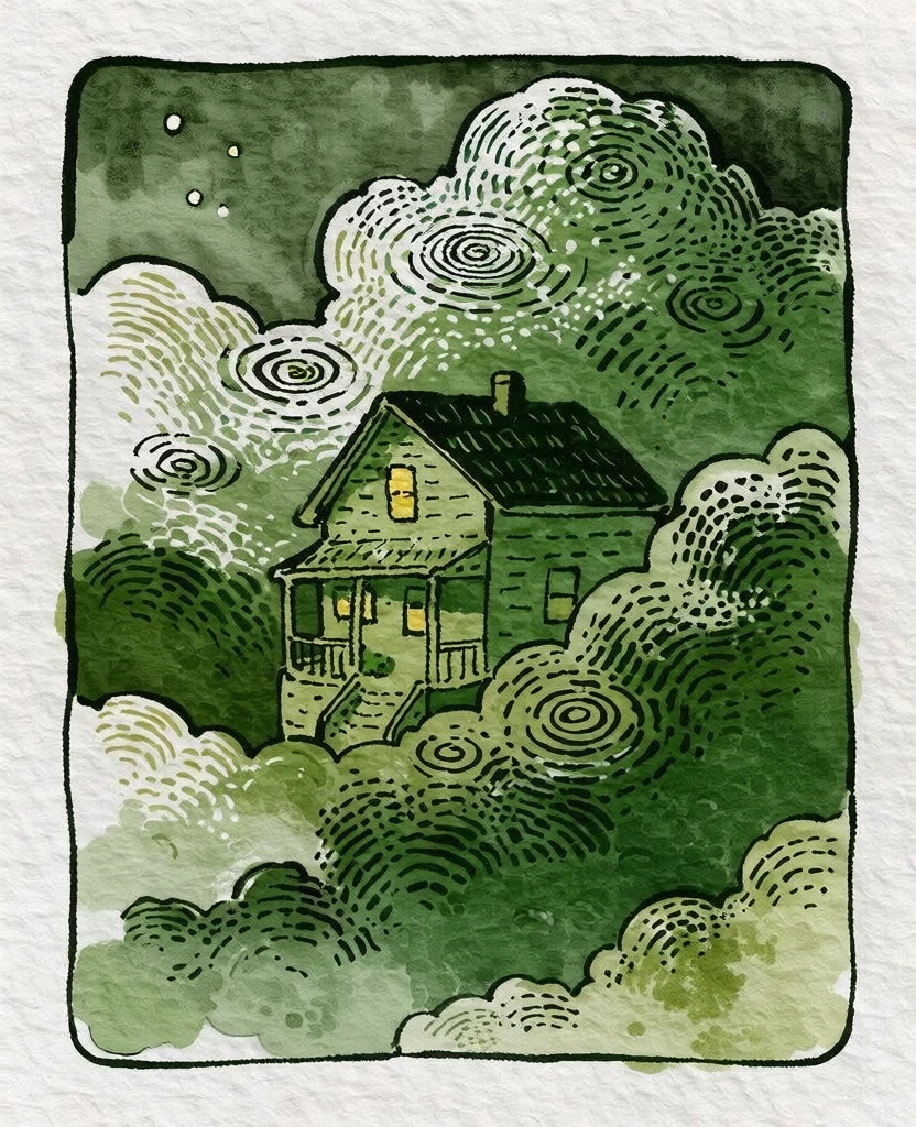 delicate mixed-media illustration, a two-story house with a porch nestled amidst dense billowing clouds against a dark midnight sky, executed in hand-drawn ink and watercolor style, heavy-tooth cold-press paper texture, fine-gauge monolinear black ink contours, concentric circular ripples integrated into the cloud formations, rhythmic stippling for tonal depth, restricted palette of deep mossy greens and charcoal, organic ink-lined border frame, grainy washy textures.