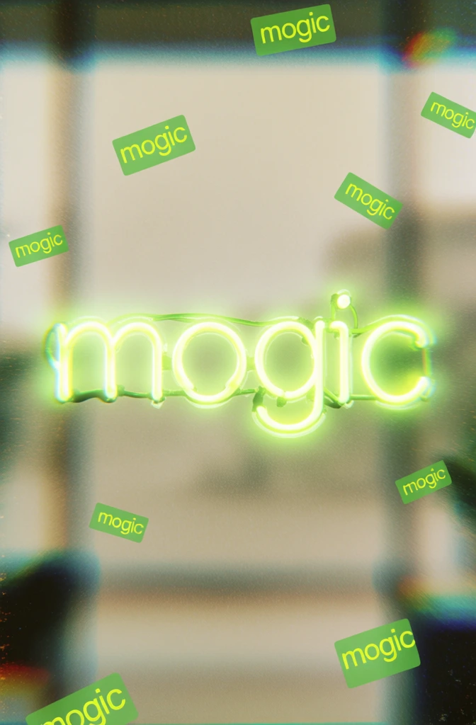 a glowing neon sign spelling mogic in lowercase arial, vibrant acidic lime green light against a desaturated hazy beige interior, heavy analog film grain, low-fidelity digital scan texture, chromatic aberration, overexposed highlights, sticker-like digital overlays of the word mogic scattered haphazardly in small lime green squares, repetitive white text of mogic in the corners, indie sleaze aesthetic, 2000s point-and-shoot flash photography vibe, tactile xerox noise, lo-fi archival scan