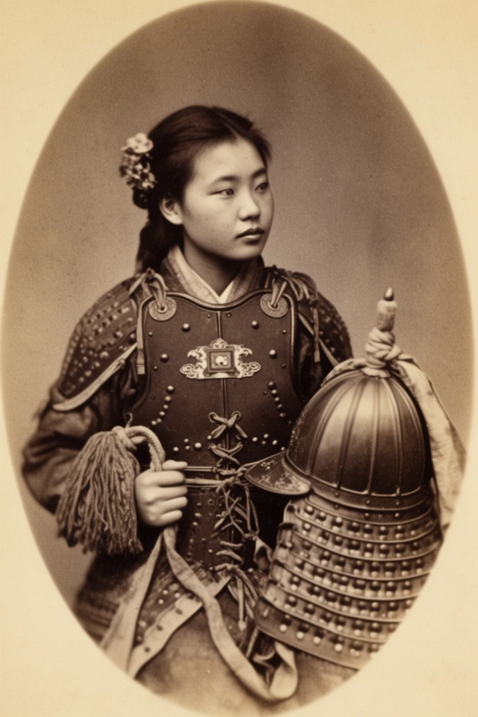 A vintage sepia-toned oval portrait captures a young East Asian woman clad in ornate traditional armor gazing thoughtfully off-camera. She has dark hair pinned up with a floral accessory and wears an intricate dark cuirass featuring studded details, layered lacing, and a decorative chest emblem. Her right hand grips a thick tasseled cord while her left rests near a large domed helmet adorned with a matching tied cord and tiered neck guards. Framed by a soft oval vignette against a plain studio backdrop, the antique 19th-century photographic style emphasizes fine grain, soft focus, and a monochromatic warm brown palette, powerfully contrasting her youthful softness with the heavy, rigid martial attire.