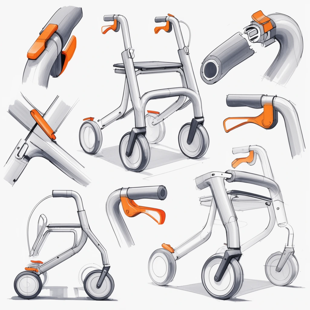 industrial design concept sketches of a modern mobility walker, scattered white background layout, precise black linework, smooth grayscale marker shading, vibrant orange spot colors highlighting ergonomic levers and wheel brakes, multiple perspective angles, close-up details of mechanical locks, tubular frame joints, cross-sections of hand grips, folding hinges, technical drawing style, exploded views, expressive product rendering technique