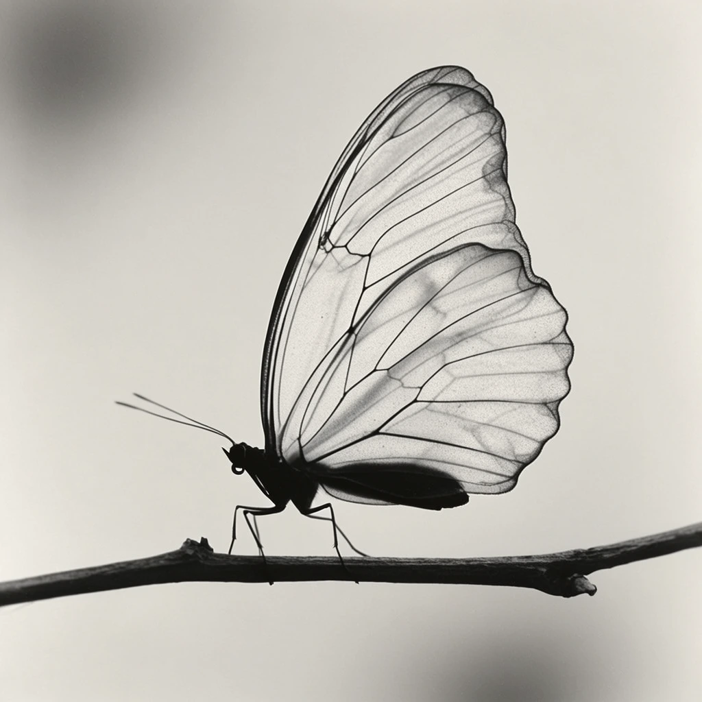 A stark black and white macro photograph captures a delicate butterfly perched on a slender bare twig. Viewed in profile with wings folded upward, the insect features a translucent membrane intersected by an intricate dark network of veins. Its solid dark body, thin gripping legs, and fine antennae form a sharp silhouette. The horizontal branch anchors the lower frame against a smooth, featureless light gray background with subtle corner vignettes. Soft backlighting emphasizes the luminous transparency of the scalloped wings, creating an ethereal, minimalist monochrome composition.