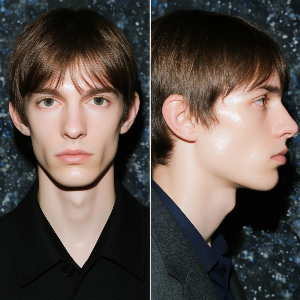 A split-panel diptych portrait captures a young man with straight brown hair from two angles against a dark, mottled background speckled with white and blue. The left frame features a direct frontal view of the pale-skinned man with green eyes in a black collared jacket. The right frame presents a sharp right-facing profile of a similar man wearing a dark grey blazer and navy shirt. Harsh, direct flash photography creates a glossy skin texture and crisp, high-contrast shadows throughout both panels.