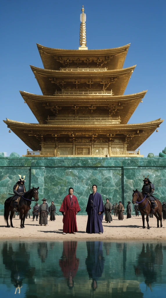 colossal golden tiered pagoda behind a jade stone wall, symmetrical wide cinematic composition, clear blue sky, calm reflecting pool, sandy bank, scattered samurai and merchants, two armored figures on horseback flanking left and right, central standing figures in flowing crimson and indigo robes, bright daylight, epic scale, deep focus