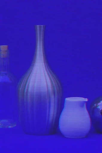 Prismatic Chrome Glitch style reference image — ultramarine blue background