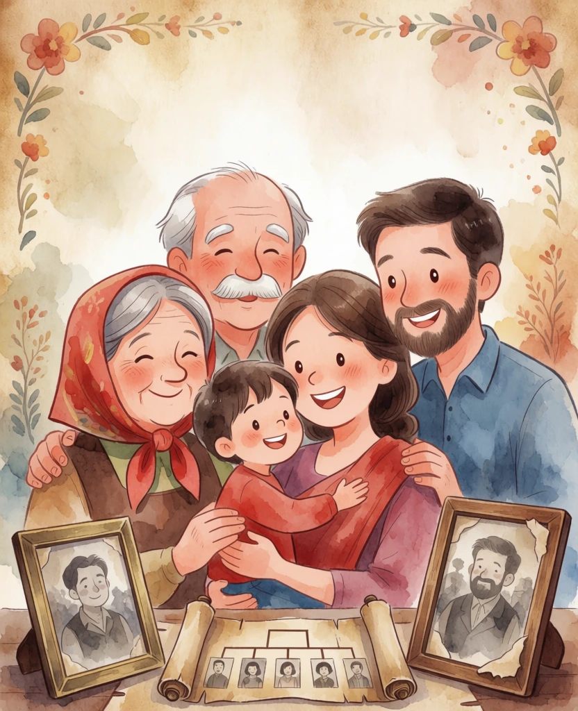 whimsical heartwarming multi generation family portrait illustration, grandparents parents and child gathered together smiling warmly, old photo frames and family tree scroll in foreground, soft parchment background with floral borders, warm earthy tones, soft watercolor cartoon style, isolated clean background, book cover composition