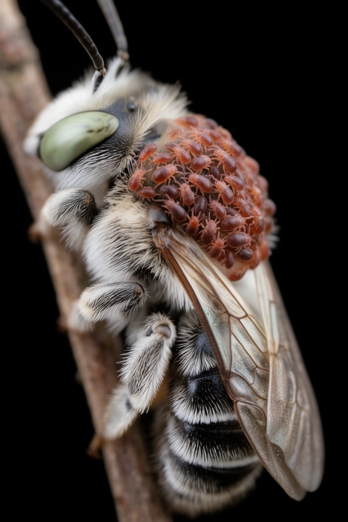 extreme macro photograph of a white fuzzy bee on a thin twig, dense cluster of tiny reddish-brown mites attached to the thorax, large pale greenish compound eye, translucent folded wings with fine veins, dark abdomen with white hair bands, pitch black background, very shallow depth of field, sharp focus on mites, soft diffused lighting, detailed insect textures