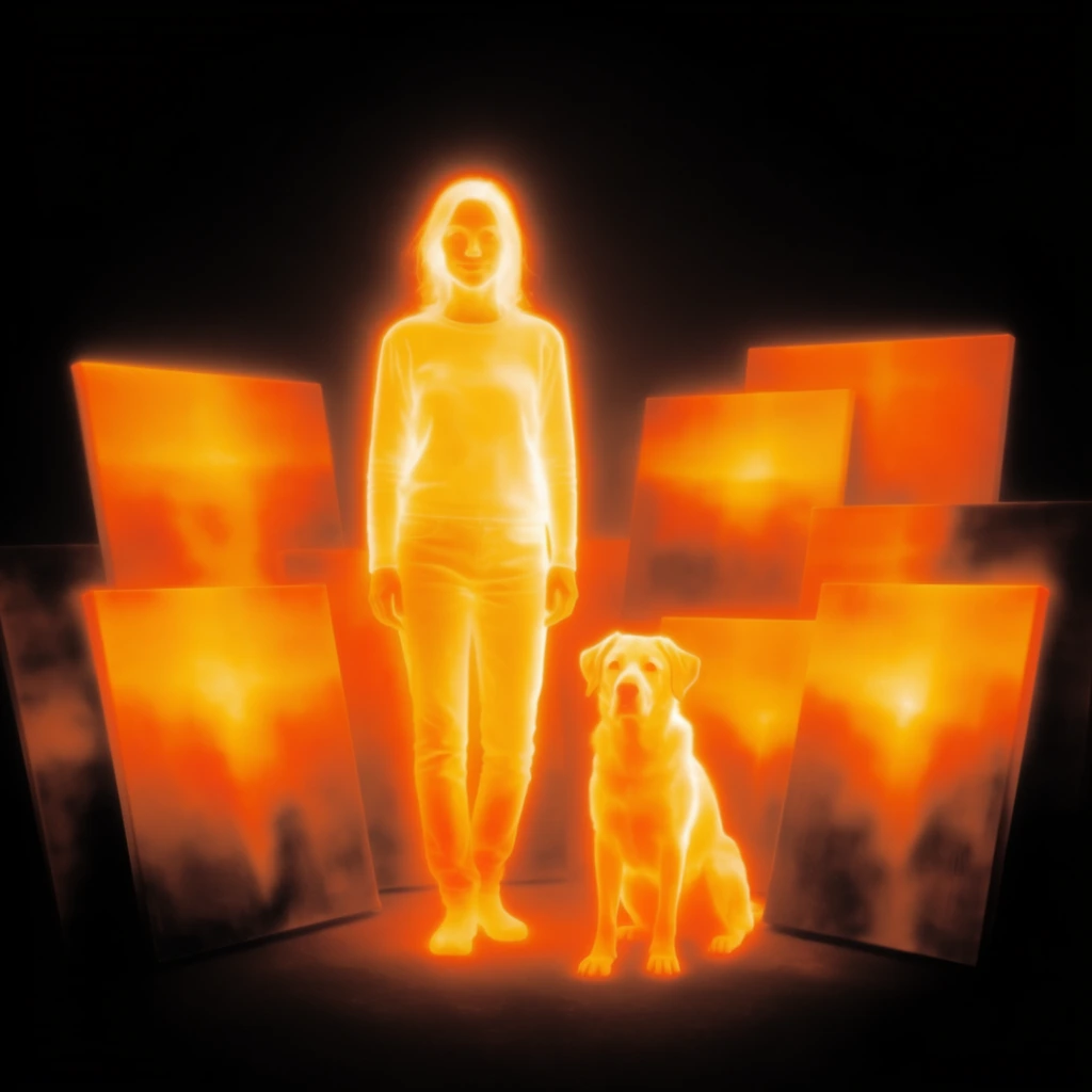 A woman standing among multiple paintings with a dog sitting to her right, rendered entirely in a luminous thermal imaging aesthetic against an absolute pitch-black background. The woman and the dog glow as self-illuminating heat signatures, featuring intense white-hot and bright yellow cores that transition smoothly into vibrant neon orange and deep amber toward their outer extremities. The surrounding canvases share this radiant infrared visualization, their rectangular forms emitting ethereal, soft-focus volumetric heat map gradients that dissolve into dark brown and black shadows at their borders. The entire composition features stark high contrast, smooth fluid color transitions, and a glowing neon aura surrounding the subjects, establishing a striking, heat-vision digital art style focused on temperature-based luminescence.