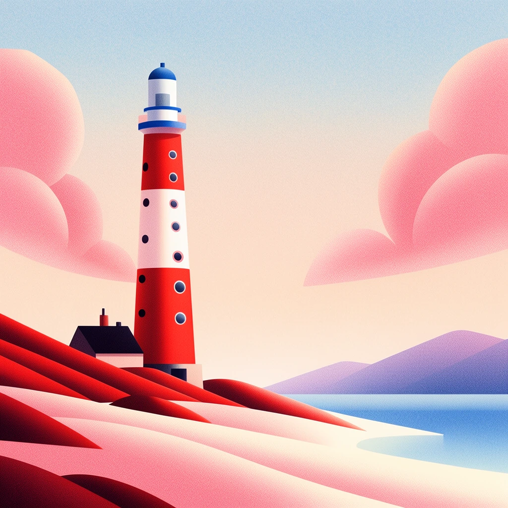 A minimalist digital illustration of a tall red and white striped lighthouse on a pastel coastline. The structure, dotted with circular windows and topped with a blue-banded lantern room, stands beside a small dark-roofed building. They rest among angled red mounds and smooth pink and cream sand dunes. To the right, calm blue waters meet distant purple mountains. The sky displays a pale peach to light blue gradient framed by stylized, bulbous pink clouds. Precise geometric shapes, smooth gradients, and a uniform grainy stipple texture define the artwork's serene, retro-modern aesthetic.