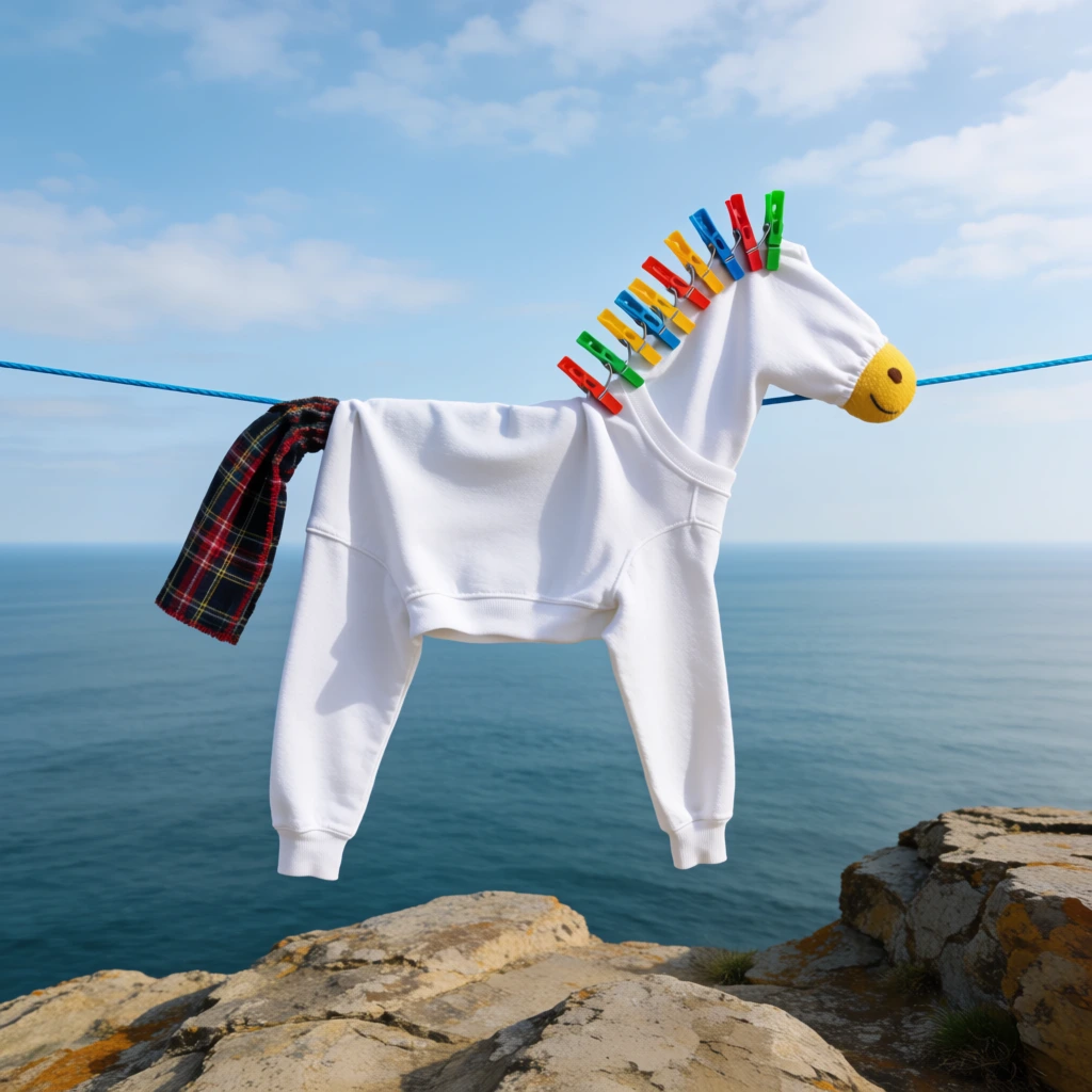 white clothing arranged on a blue clothesline resembling a horse, white sweatshirt body and legs, plaid cloth tail, colorful plastic clothespins forming a mane, yellow fabric snout, textured rocky cliff foreground, vast calm blue ocean, light blue sky with scattered clouds, surreal conceptual photography, playful optical illusion, natural daylight