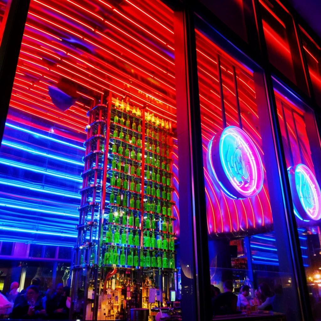 A vibrant nighttime bar viewed through a large... | Krea