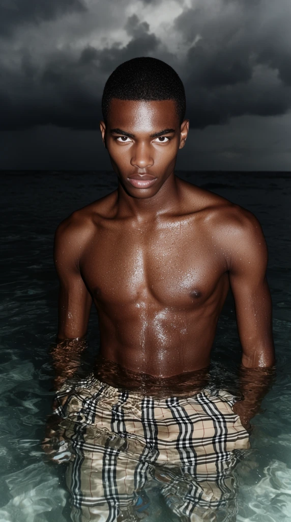 young Black man with a short buzz cut submerged waist-deep in ocean water, intense direct gaze, shirtless muscular torso glistening with wet skin, beige and black tartan plaid swim trunks visible beneath the clear rippling water surface, dramatic front flash lighting, dark moody atmosphere, stormy sky with heavy grey clouds over a dark horizon, high contrast cinematic fashion photography