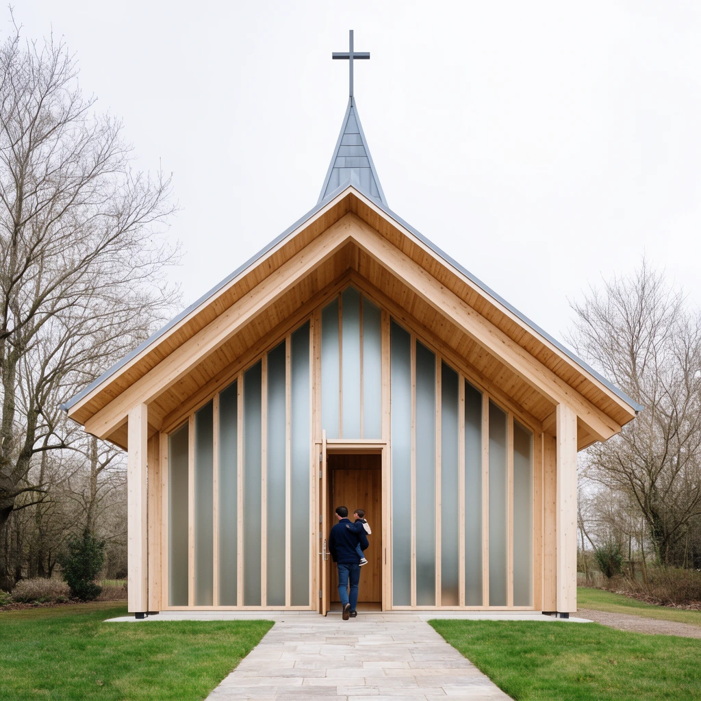 A contemporary light-timber chapel with a cross-topped steeple and pitched roof stands symmetrically at the end of a stone walkway. A man carrying a child enters the open wooden door. Frosted vertical glass panels alternate with pale wood framing. Green grass and bare winter trees surround the structure under bright diffused overcast lighting.