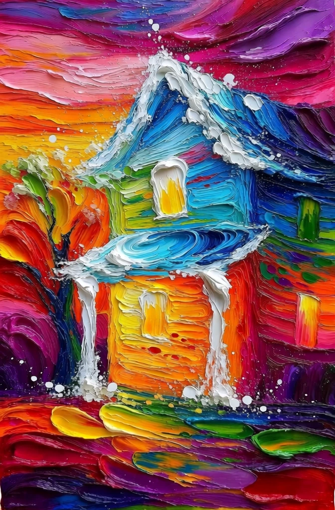 impasto oil painting with heavy sculptural texture, two-story house next to a tree rendered in thick palette knife strokes, vibrant rainbow color palette with saturated yellows, oranges, electric blues, and deep purples, dynamic expressionist energy, swirling architectural details, rhythmic ridges of paint, white paint splatters and highlights, tactile three-dimensional layers, sunset atmosphere with horizontal layered sky, bold saturated colors, thick sculptural globs of paint