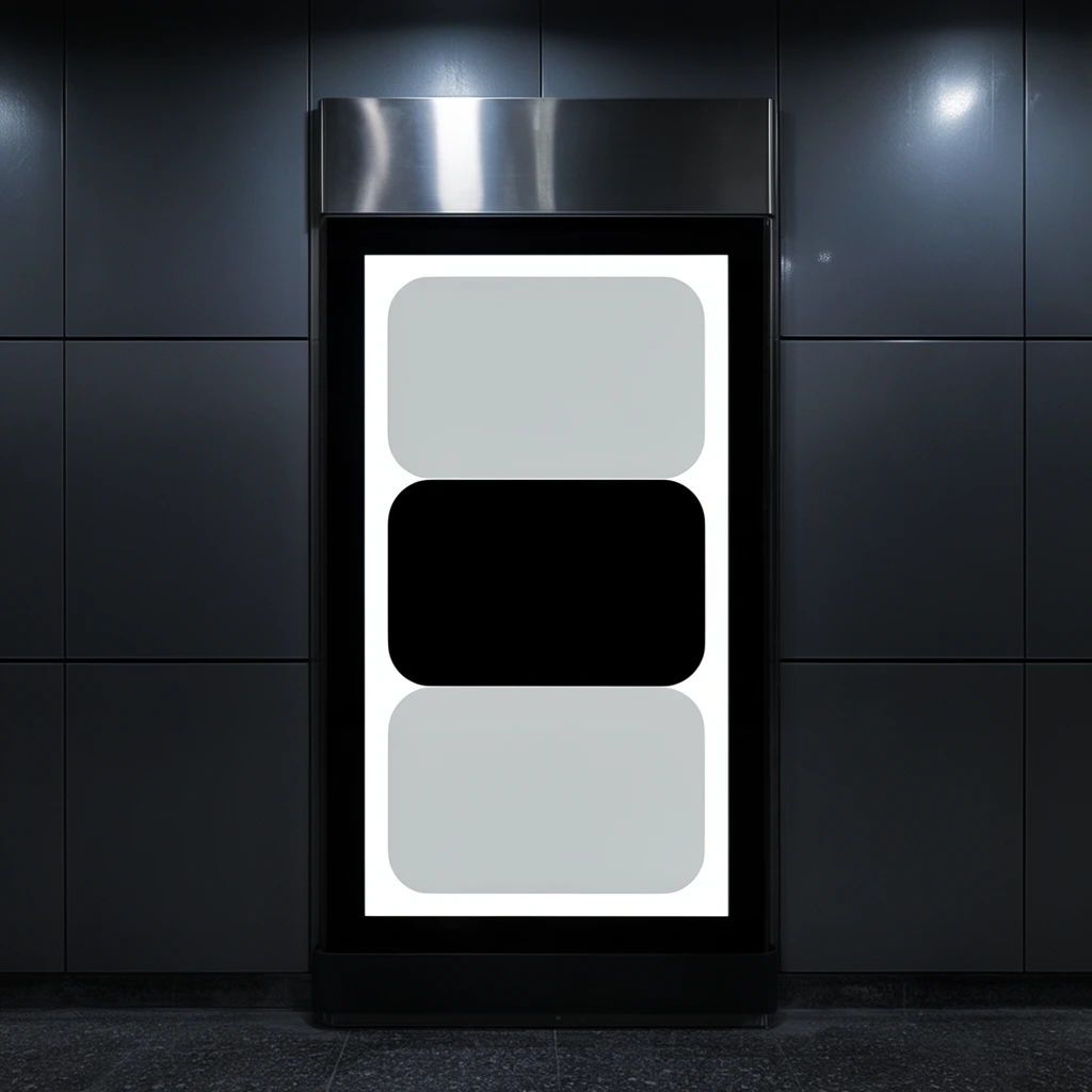 A vertically oriented, illuminated digital display kiosk is mounted centrally against a dark architectural wall. The wall is clad in large, matte charcoal-grey square panels divided by precise grid lines. A cool overhead light casts sharp reflections across the brushed metal top casing of the display and the subtly glossy wall surface. The kiosk's thick black frame encloses a brightly glowing white screen featuring a minimalist geometric composition: three stacked, rounded rectangular blocks consisting of a light grey shape at the top, a solid black shape in the center, and a matching light grey shape at the bottom. The structure rests on a dark, speckled stone floor. Shot straight-on with perfect symmetry, the composition emphasizes strict geometric order, sharp architectural lines, and stark monochromatic contrast within a dimly lit, modern interior space.