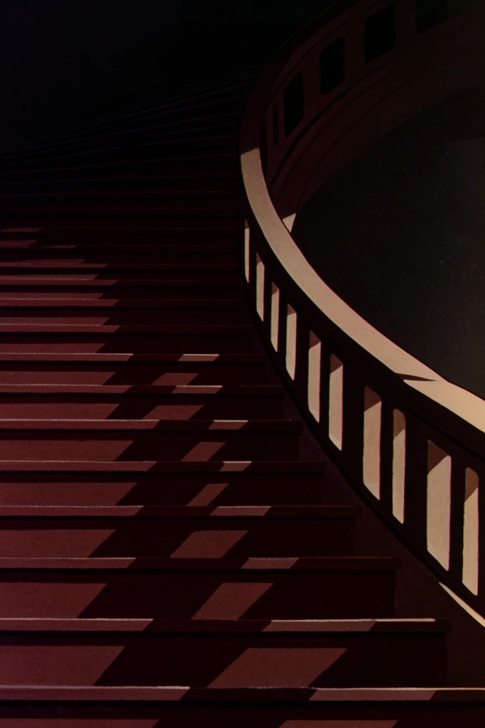 grand curving staircase ascending into darkness, vintage 2D animation background art, dark reddish-brown steps, solid right-side banister with blocky cut-out pillars, dramatic high-contrast lighting, strong rightward illumination, sharp diagonal shadows across the treads, left side fading into pitch black, cavernous space, moody atmosphere, matte painting aesthetics, flat color planes, low angle perspective