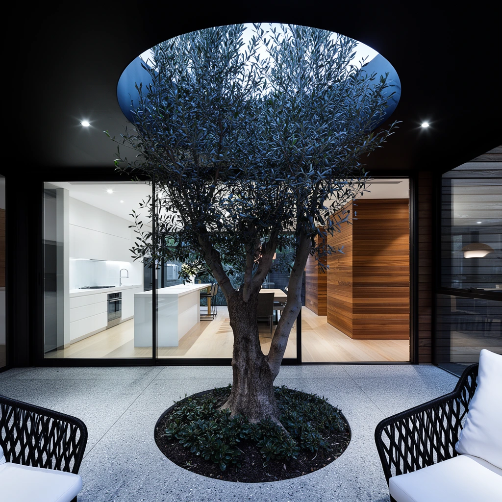 A contemporary indoor-outdoor architectural space centers on a mature olive tree growing from a circular planter set into a speckled stone floor beneath a matching circular skylight in a stark black ceiling. Expansive sliding glass doors behind the tree reveal a brightly lit, minimalist kitchen featuring a sleek white island and light wood flooring. Adjacent spaces showcase warm, horizontally grained wood-paneled walls. Black wicker chairs with crisp white cushions frame the foreground corners. The wide-angle architectural photography captures the high-contrast interplay of cool interior lighting against the shaded patio, emphasizing clean geometric lines and sleek modern design.