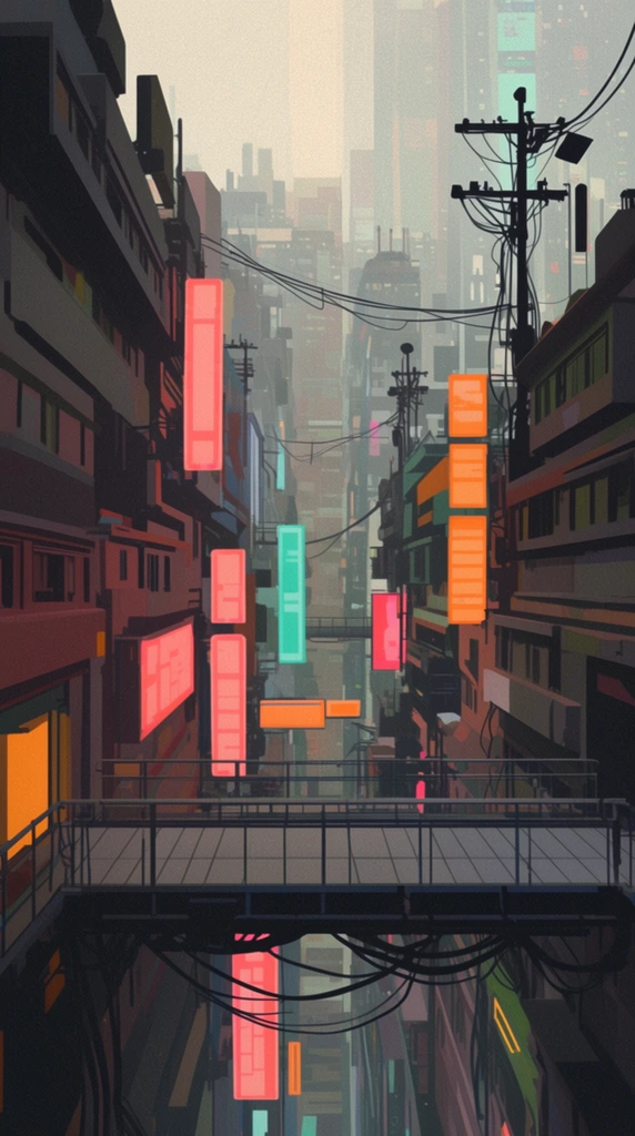 A densely packed retro-futuristic urban canyon viewed from an elevated perspective, featuring a metal walkway spanning the foreground. Blocky utilitarian buildings flank the suspended bridge, heavily wired with tangled black utility cables and towering poles. Luminous neon signs in vibrant hues of coral pink, bright orange, and neon teal jut out from the shadowy architecture, casting a soft glow over the dark, muted facades. The background layers dissolve into a pale hazy mist, emphasizing verticality and immense architectural depth. The artwork features a distinct low-fidelity illustration aesthetic with a subtle grain texture, flat cel-shaded structural elements, and a stark contrast between the atmospheric daytime gloom and the piercing artificial light.