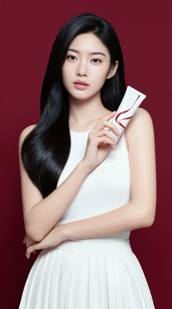A young East Asian woman with long, glossy black hair cascading down her right shoulder stands against a solid burgundy background. She gazes forward with a calm expression, featuring pale skin and soft pink makeup. She wears a pristine white sleeveless top and a crisp, pleated white skirt. Her right hand delicately holds a white cosmetic squeeze tube with curving red graphic accents near her chest, while her left arm crosses gently at her waist. Shot as a waist-up portrait in a high-end commercial beauty photography style, soft diffused studio lighting creates luminous highlights on her hair and skin. The elegant composition highlights a striking contrast between the crisp white garments, dark hair, and deep crimson backdrop.